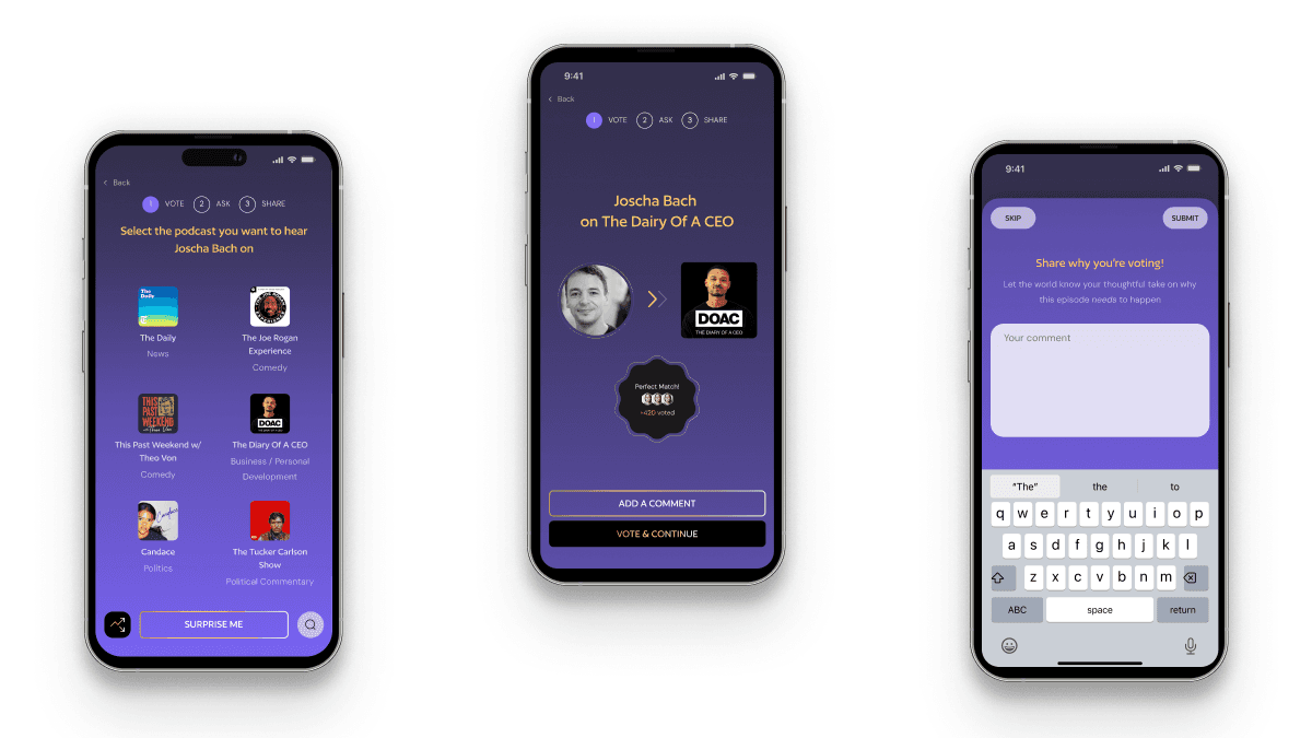 Three screens showing podcast selection, an episode pairing, and a contribution step