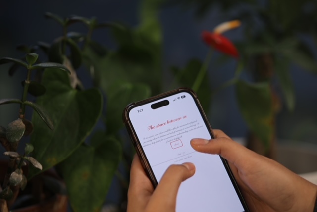 A visitor responding on their phone beside the installation